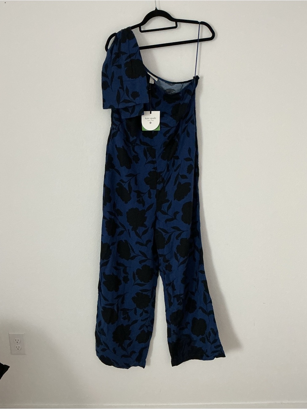 kate spade Blue and Black One-Shoulder Floral Jumpsuit with Wide Legs
